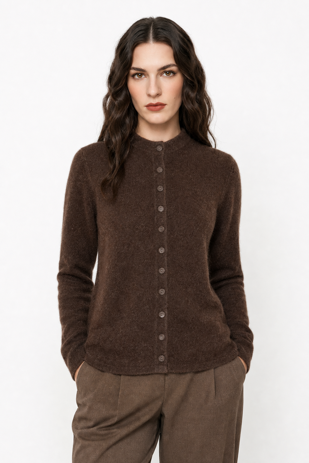 Legacy Wool Cardigan — Coffee, studio product shot