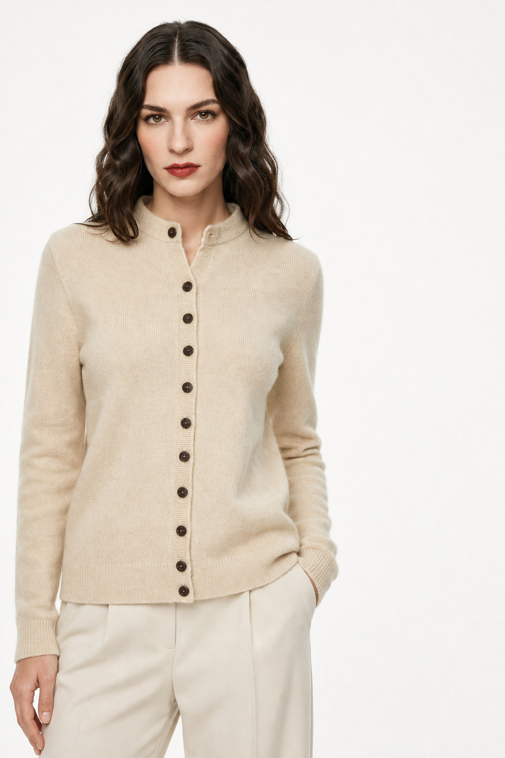 Legacy Wool Cardigan — Beige, studio product shot