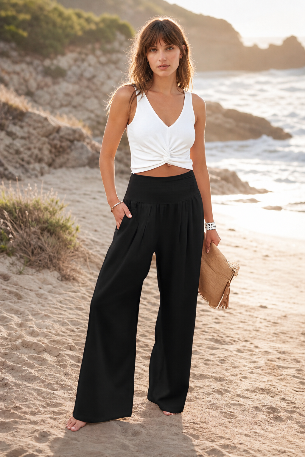 Cersei Wide-Leg Beach Pant — Black, beach product shot
