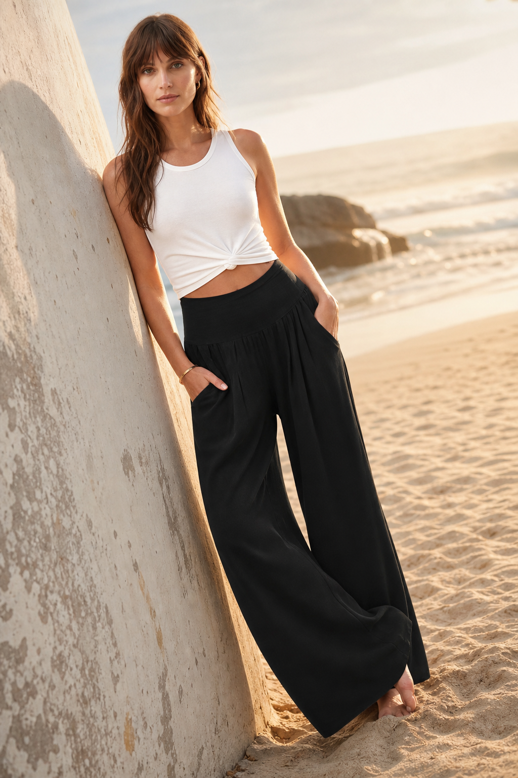Cersei Wide-Leg Beach Pant — Black, beach product shot