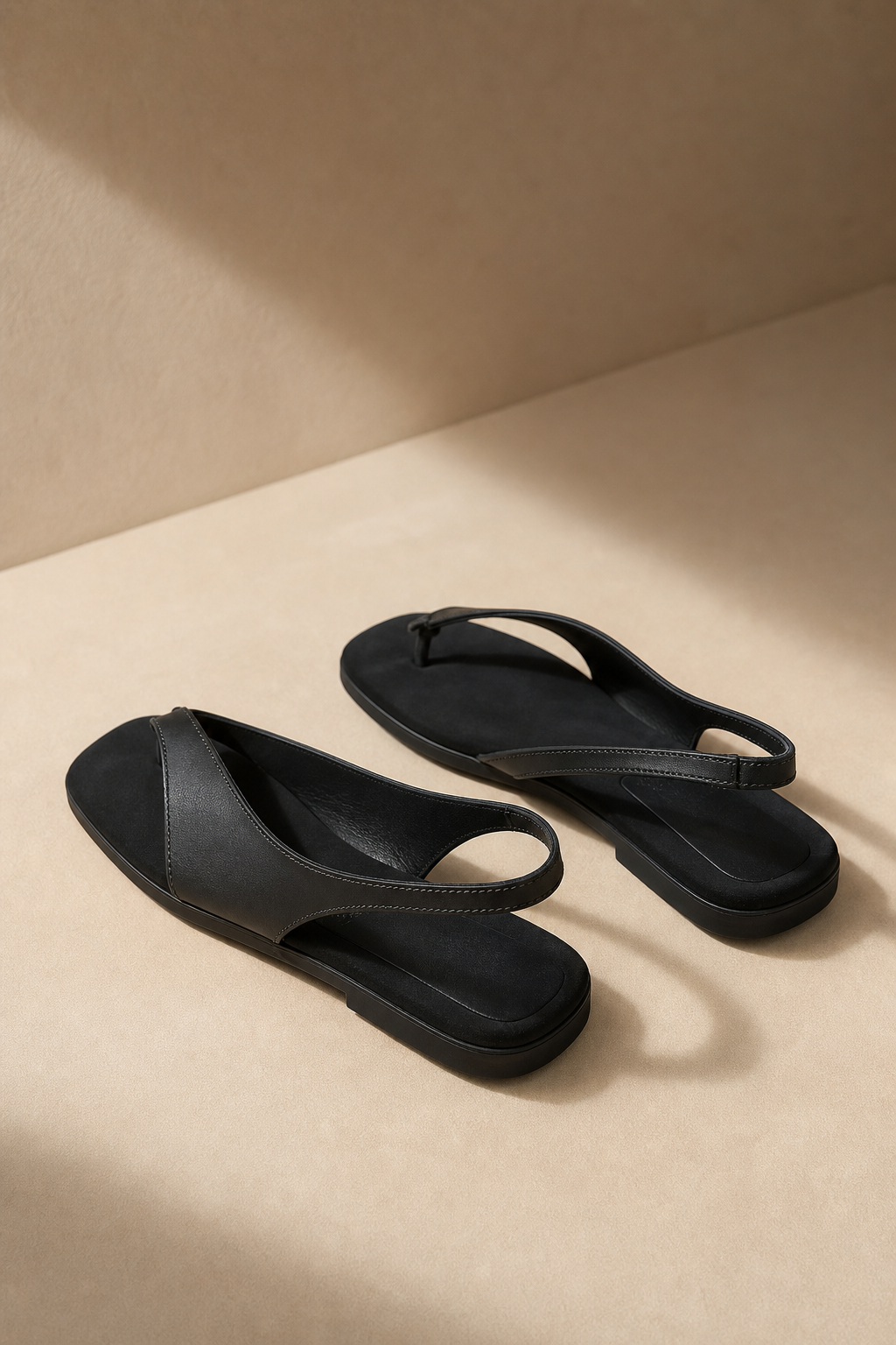 Comporta Genuine Leather Flat Sandal — Black, studio product shot
