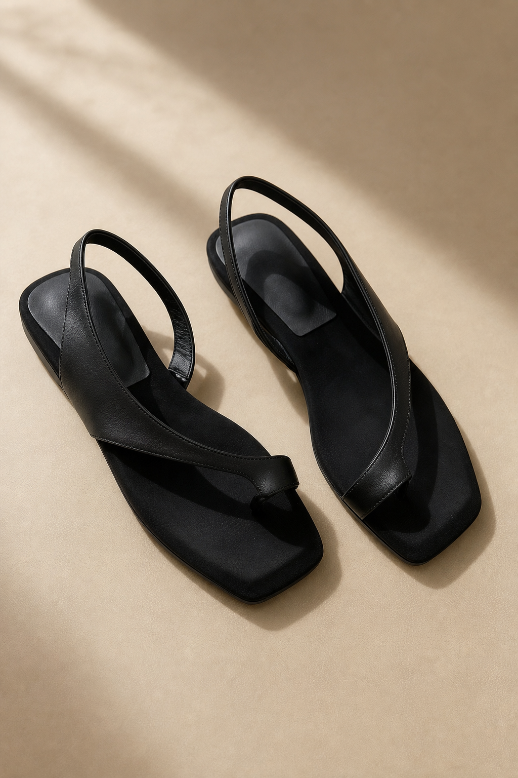Comporta Genuine Leather Flat Sandal — Black, studio product shot