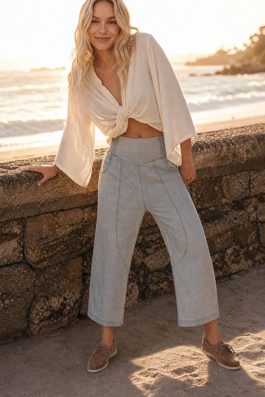 The Weekender Wide Leg Pant — Sky, studio product shot