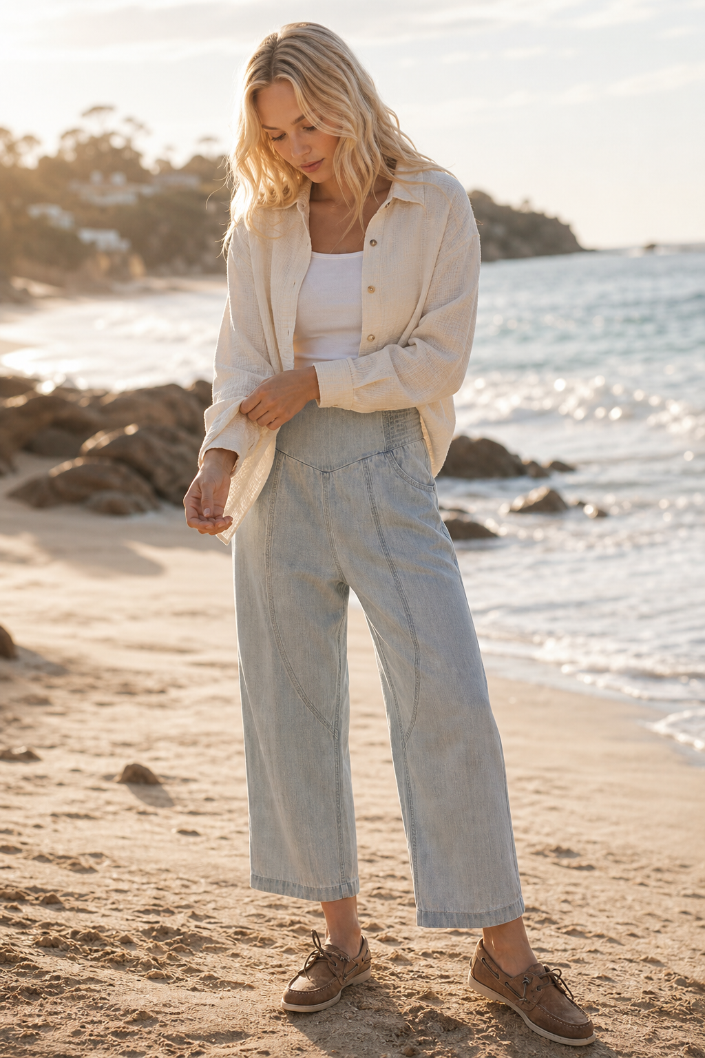 The Weekender Wide Leg Pant — Sky, studio product shot