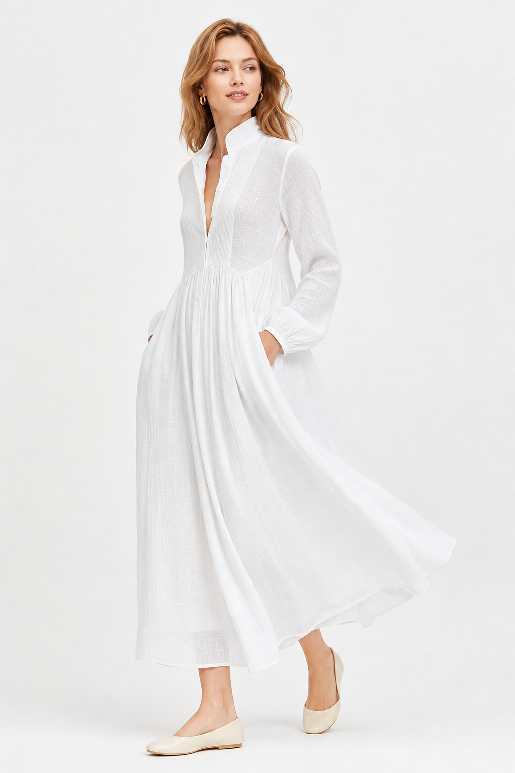 Cleo Cotton Linen Maxi Dress — White, studio product shot