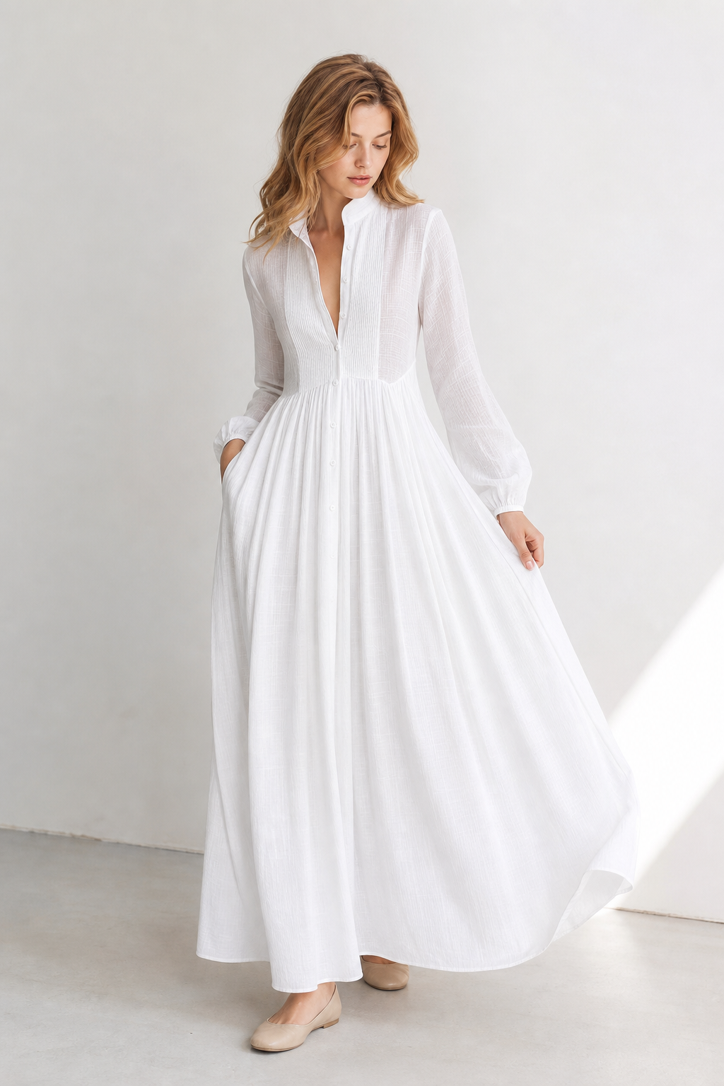 Cleo Cotton Linen Maxi Dress — White, studio product shot
