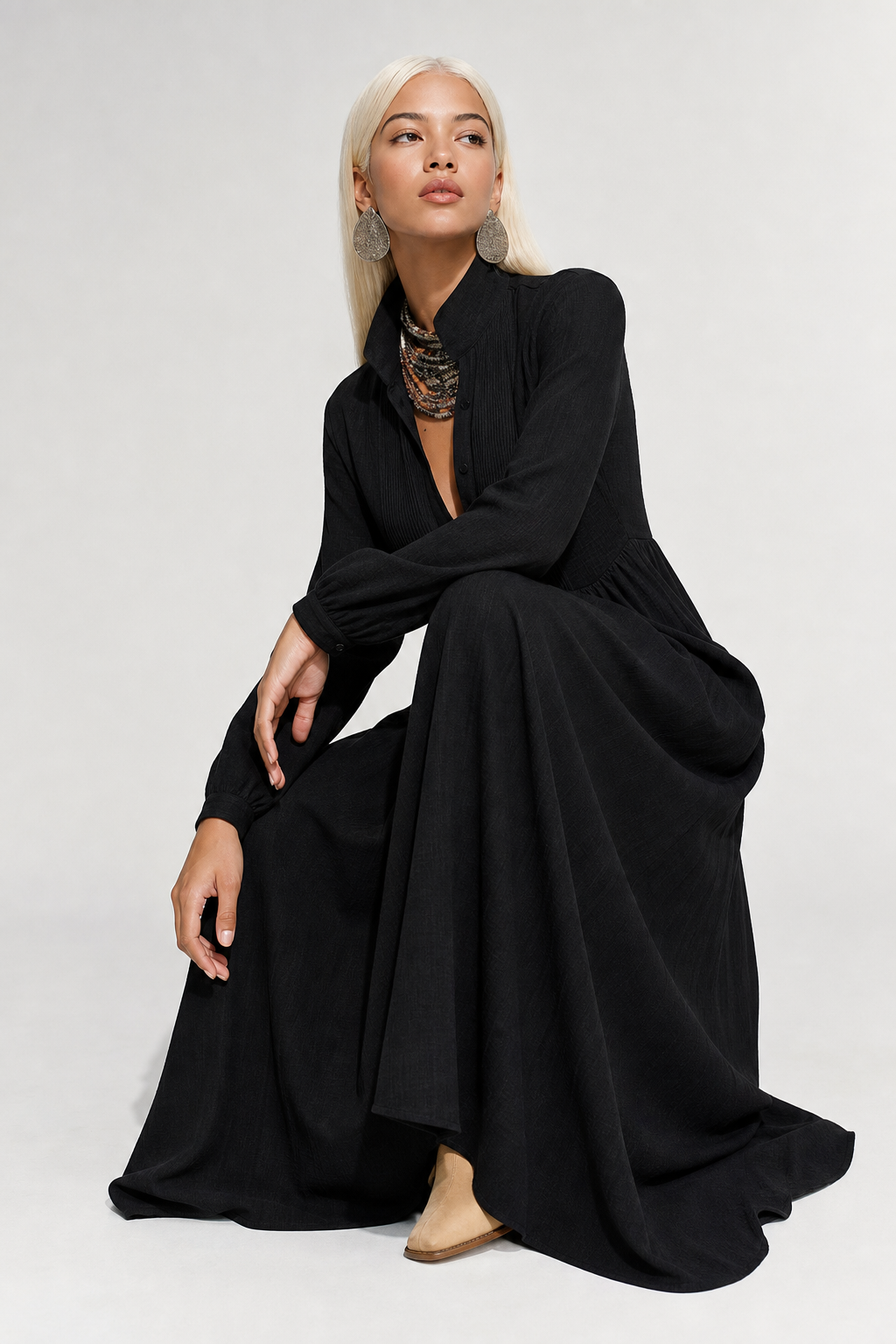 Cleo Cotton Linen Maxi Dress — Black, studio product shot