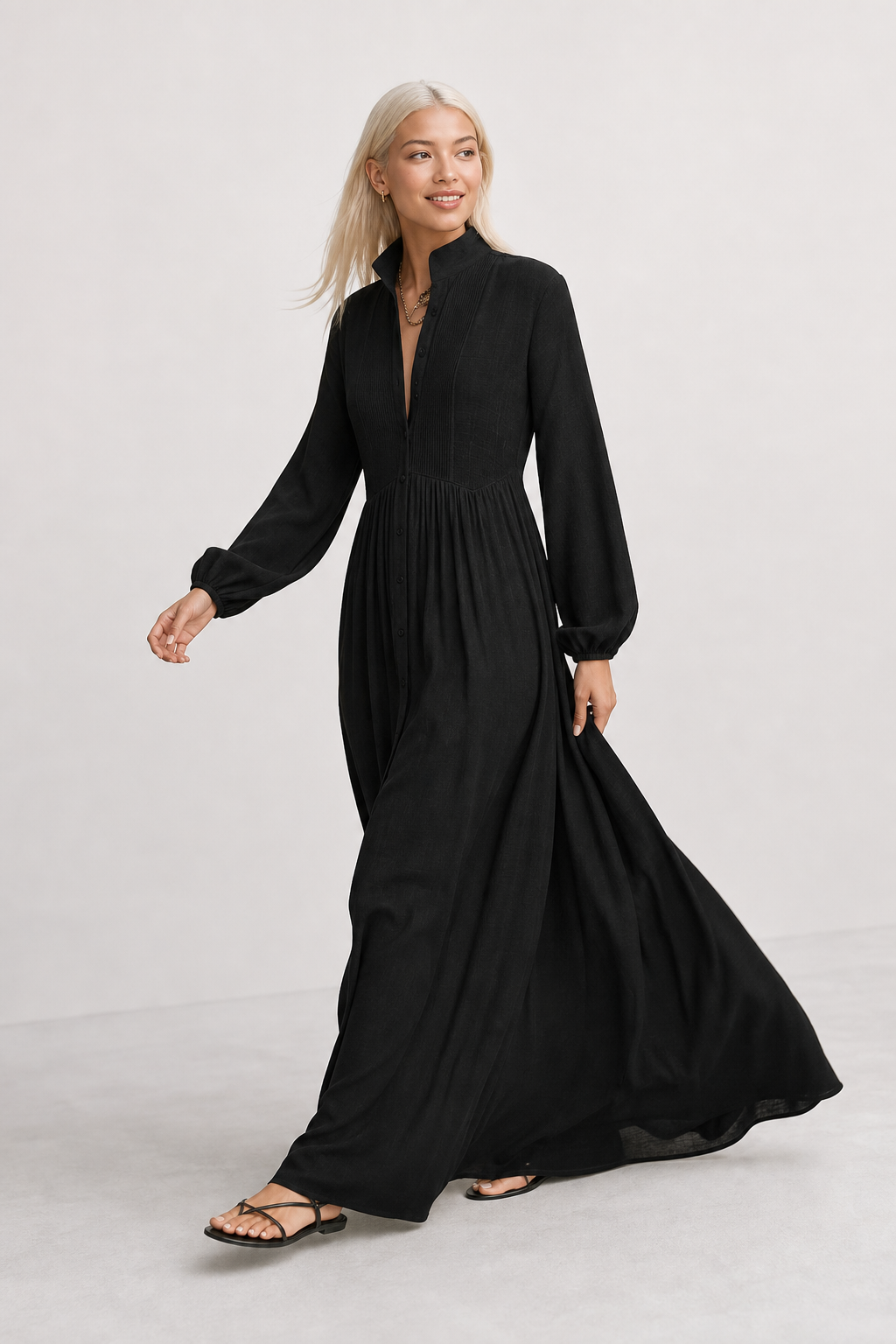 Cleo Cotton Linen Maxi Dress — Black, studio product shot