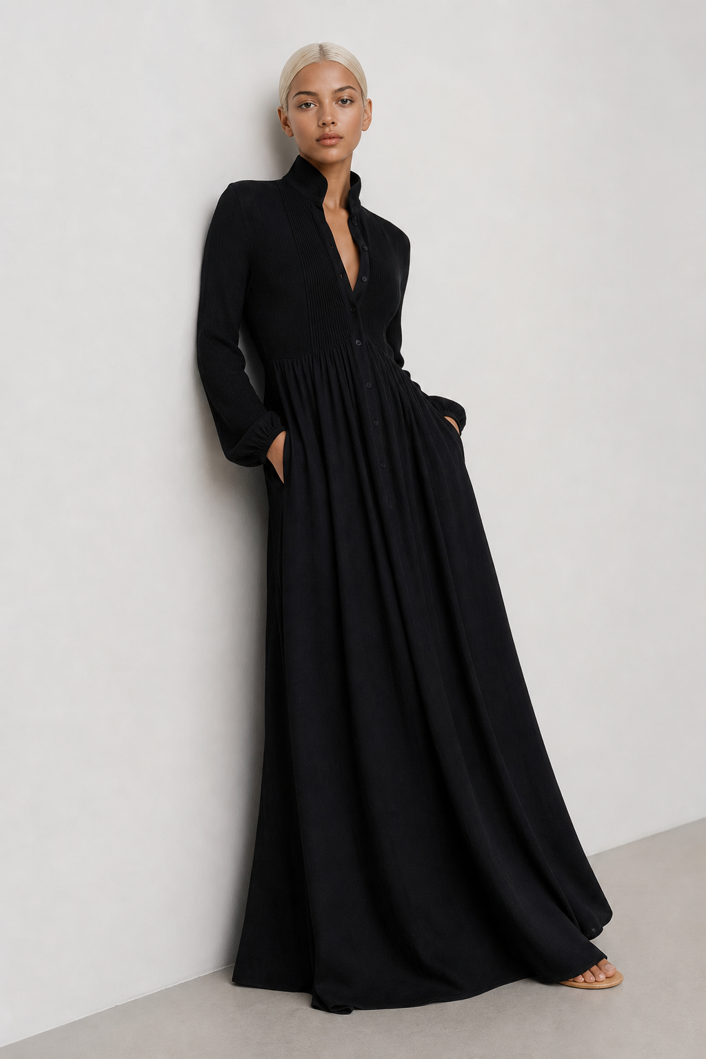 Cleo Cotton Linen Maxi Dress — Black, studio product shot