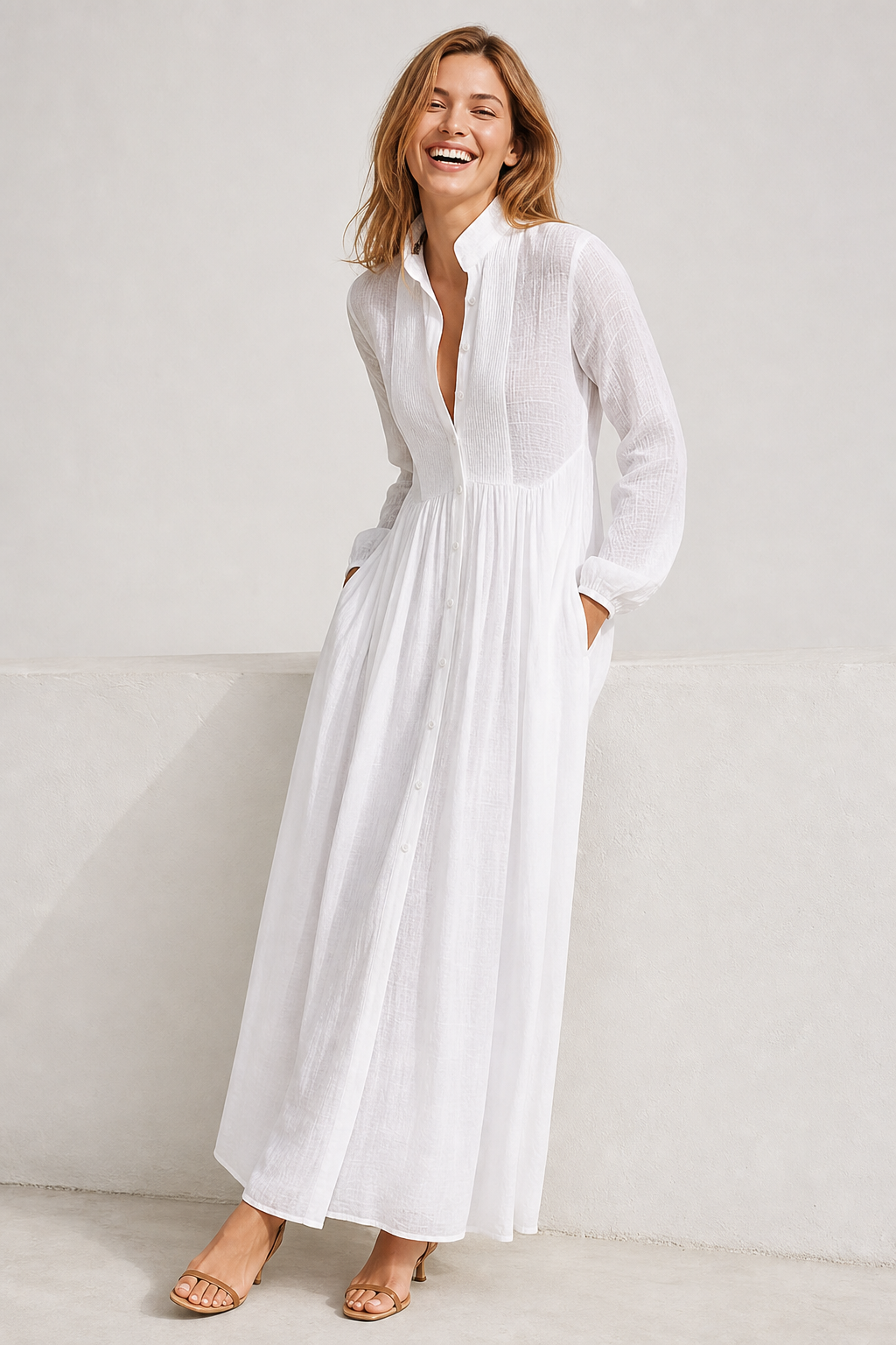 Cleo Cotton Linen Maxi Dress — White, studio product shot