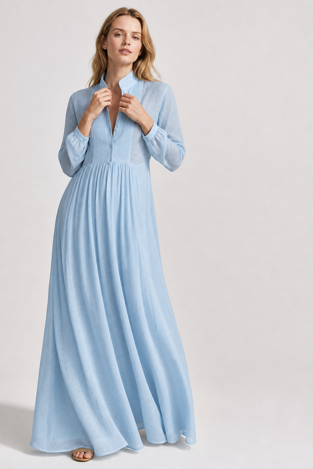 Cleo Cotton Linen Maxi Dress — Sky, studio product shot