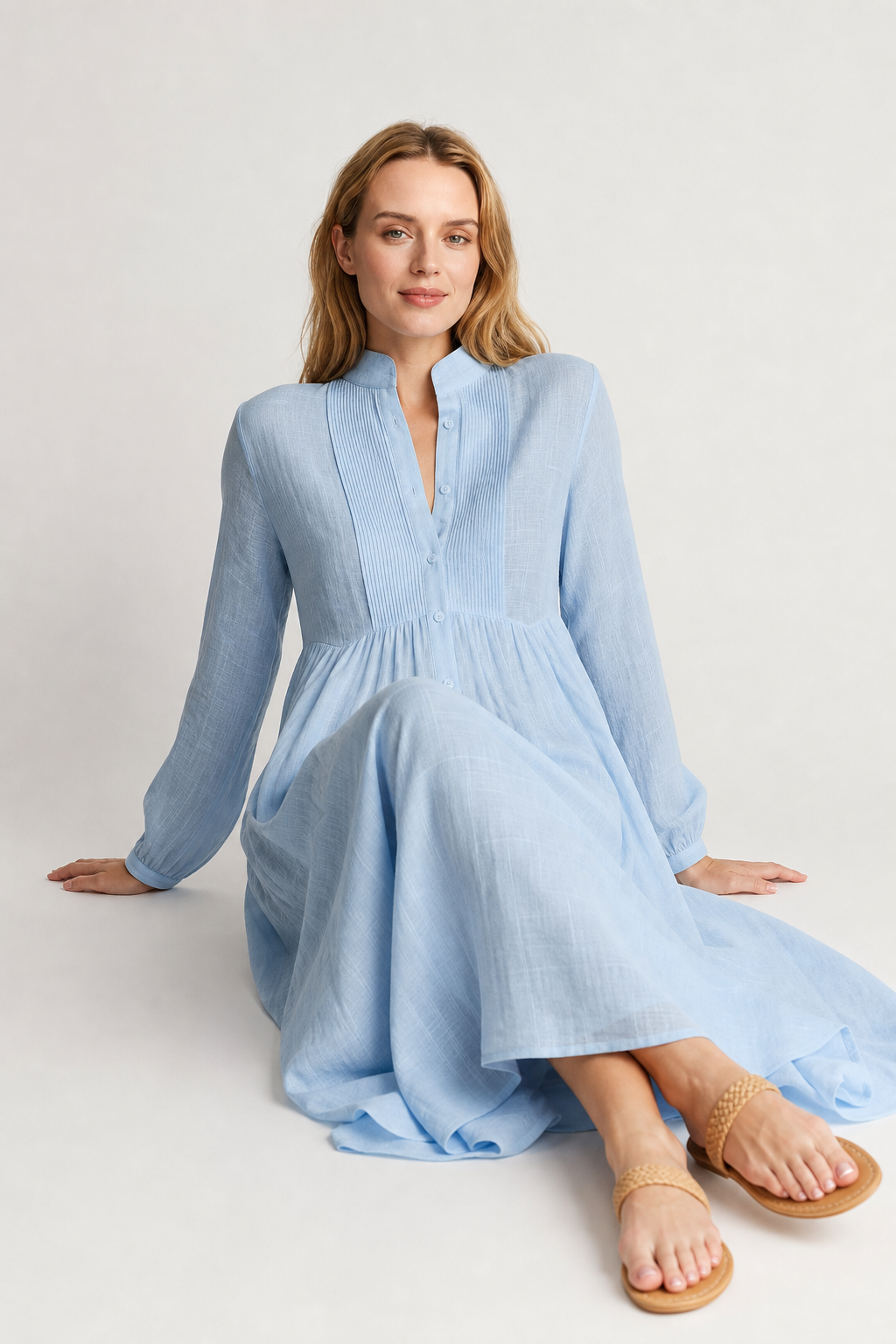 Cleo Cotton Linen Maxi Dress — Sky, studio product shot