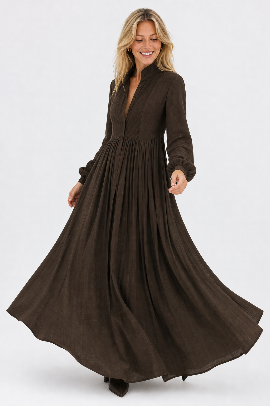Cleo Cotton Linen Maxi Dress — Brown, studio product shot