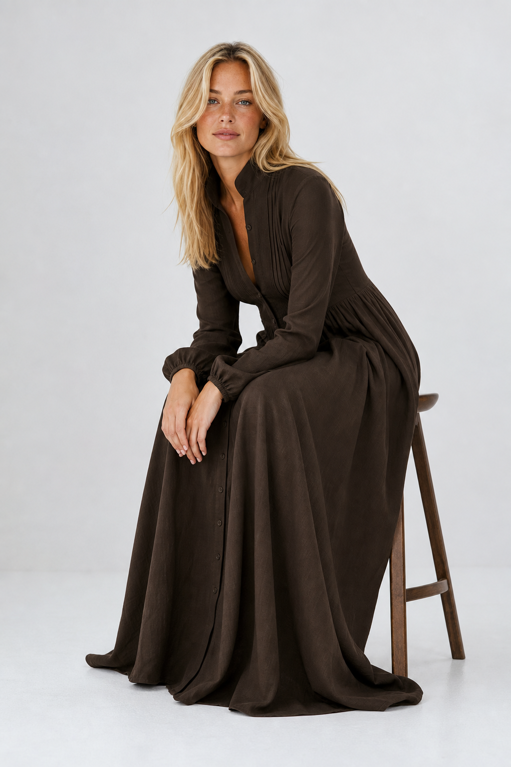 Cleo Cotton Linen Maxi Dress — Brown, studio product shot