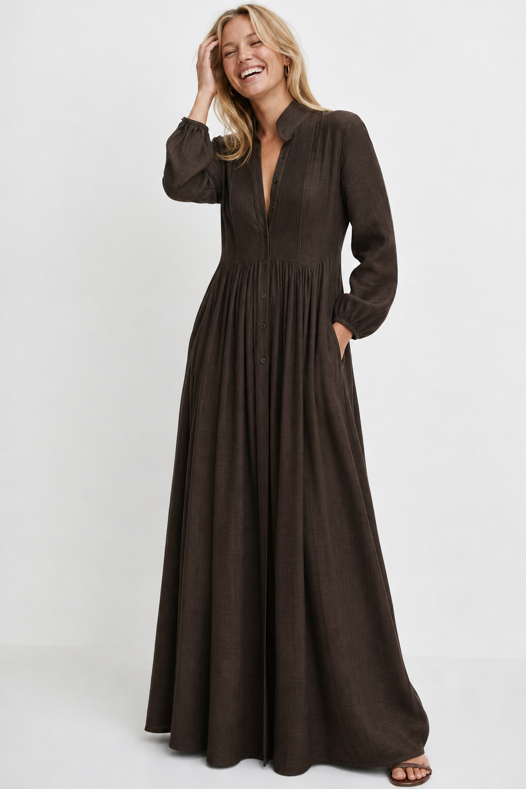 Cleo Cotton Linen Maxi Dress — Brown, studio product shot