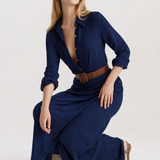 Selene Lapel Maxi Dress — Navy, jcrew product shot