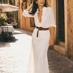 Selene Lapel Maxi Dress — White, studio product shot