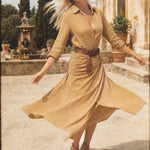 Selene Lapel Maxi Dress — Khaki, studio product shot