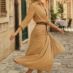 Selene Lapel Maxi Dress — Khaki, studio product shot