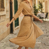 Selene Lapel Maxi Dress — Khaki, studio product shot