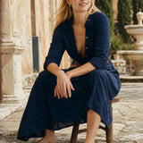 Selene Lapel Maxi Dress — Navy, studio product shot