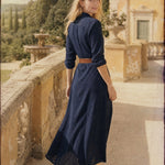 Selene Lapel Maxi Dress — Navy, studio product shot