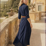 Selene Lapel Maxi Dress — Navy, studio product shot