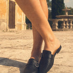 Liora Woven Buckle Mule — Black, studio product shot