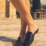 Liora Woven Buckle Mule — Black, studio product shot