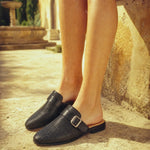 Liora Woven Buckle Mule — Black, studio product shot