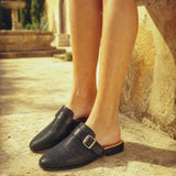 Liora Woven Buckle Mule — Black, studio product shot
