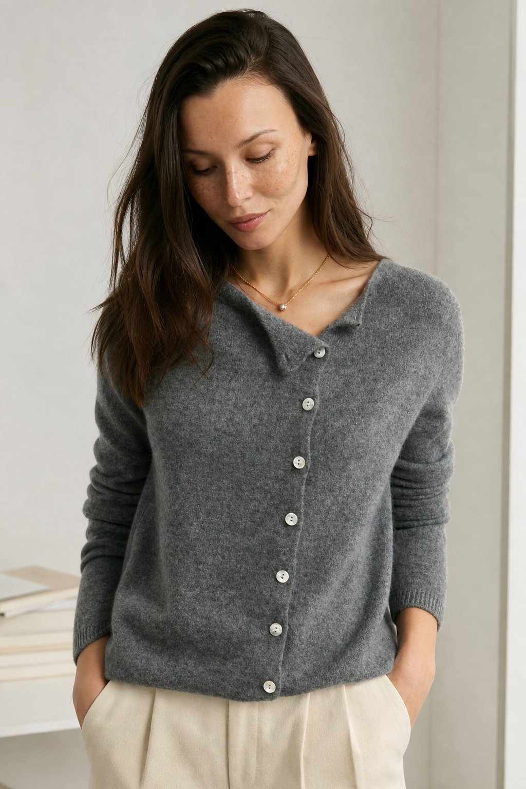 Amélise Asymmetric Button Sweater, studio product shot