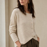 Amélise Asymmetric Cashmere Button Sweater — Khaki, studio product shot