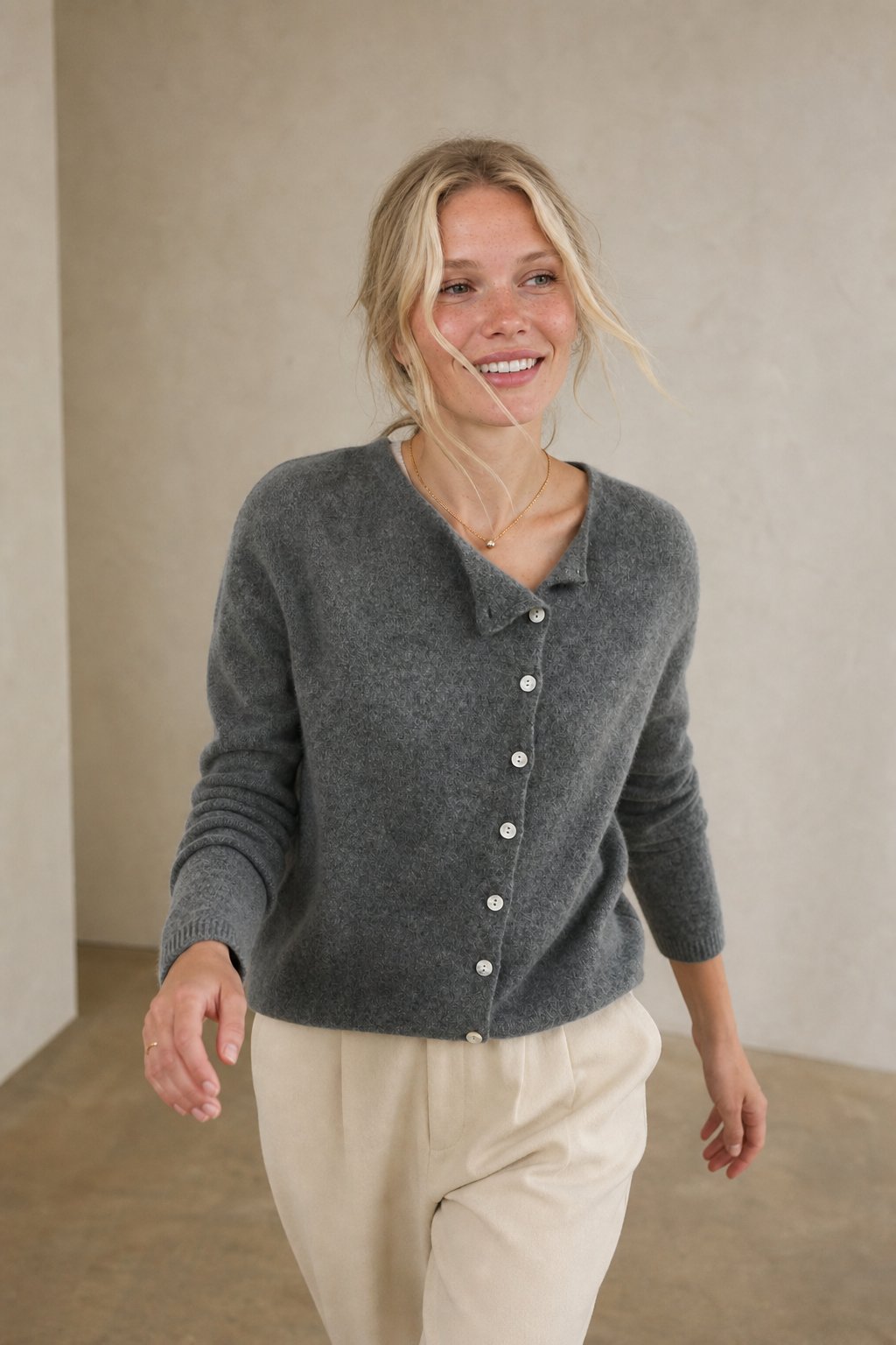Amélise Asymmetric Cashmere Button Sweater, studio product shot