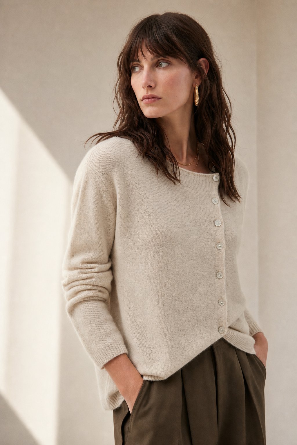 Amélise Asymmetric Cashmere Button Sweater — Khaki, studio product shot