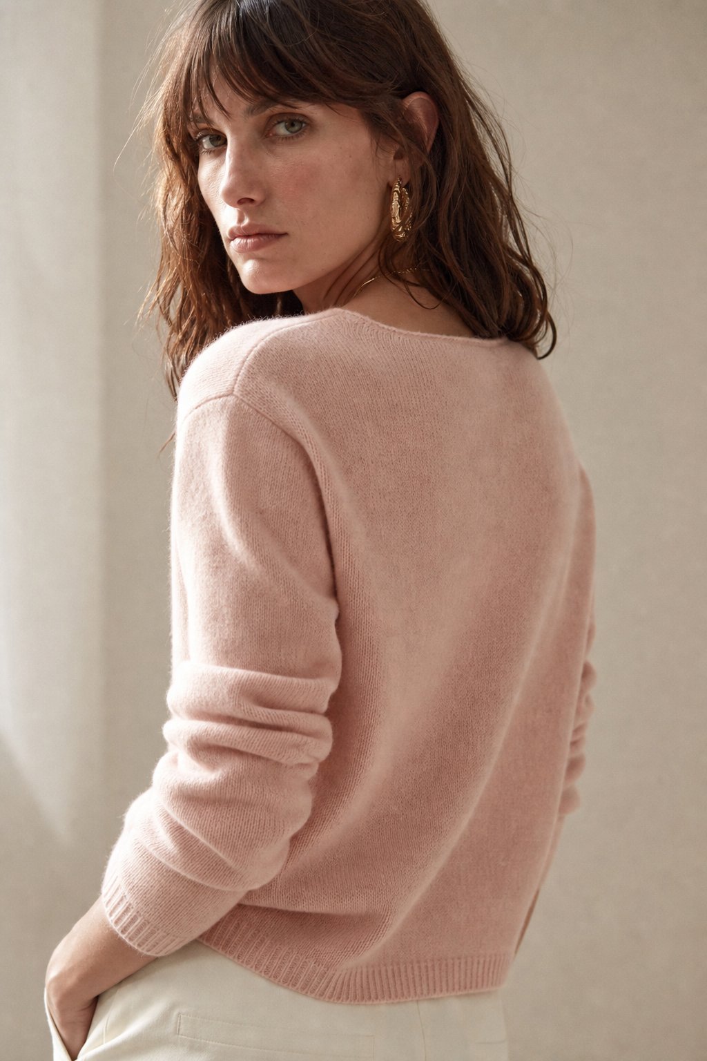 Amélise Asymmetric Cashmere Button Sweater — Pink, studio product shot