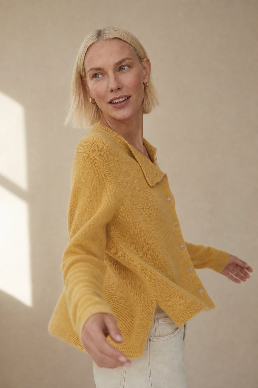 Amélise Asymmetric Cashmere Button Sweater — Yellow, studio product shot