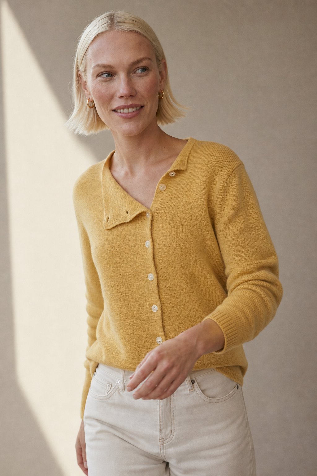 Amélise Asymmetric Cashmere Button Sweater — Yellow, studio product shot