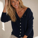 Amélise Asymmetric Cashmere Button Sweater — Navy, studio product shot