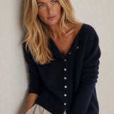 Amélise Asymmetric Cashmere Button Sweater — Navy, studio product shot