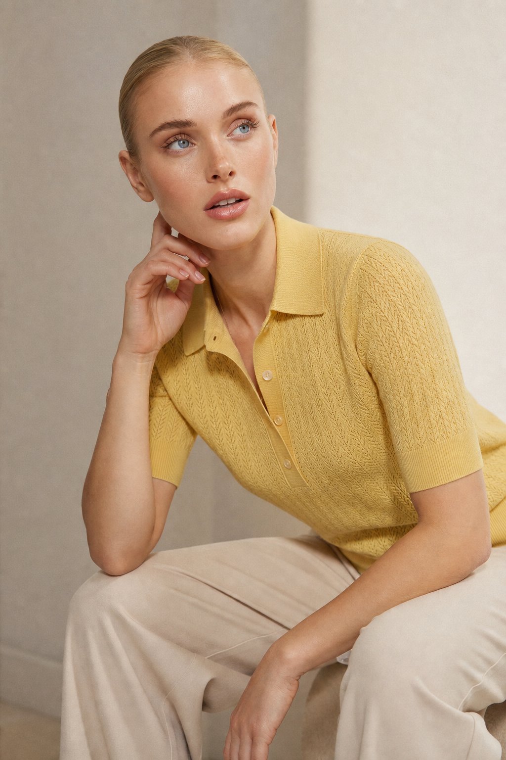 Amy Ribbed Knit Polo Blouse — Yellow, banana_republic product shot