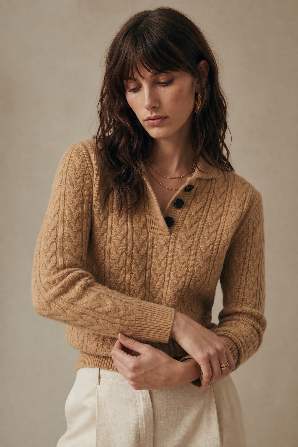 Arden Button-Up Cashmere Sweater — Khaki, banana_republic product shot