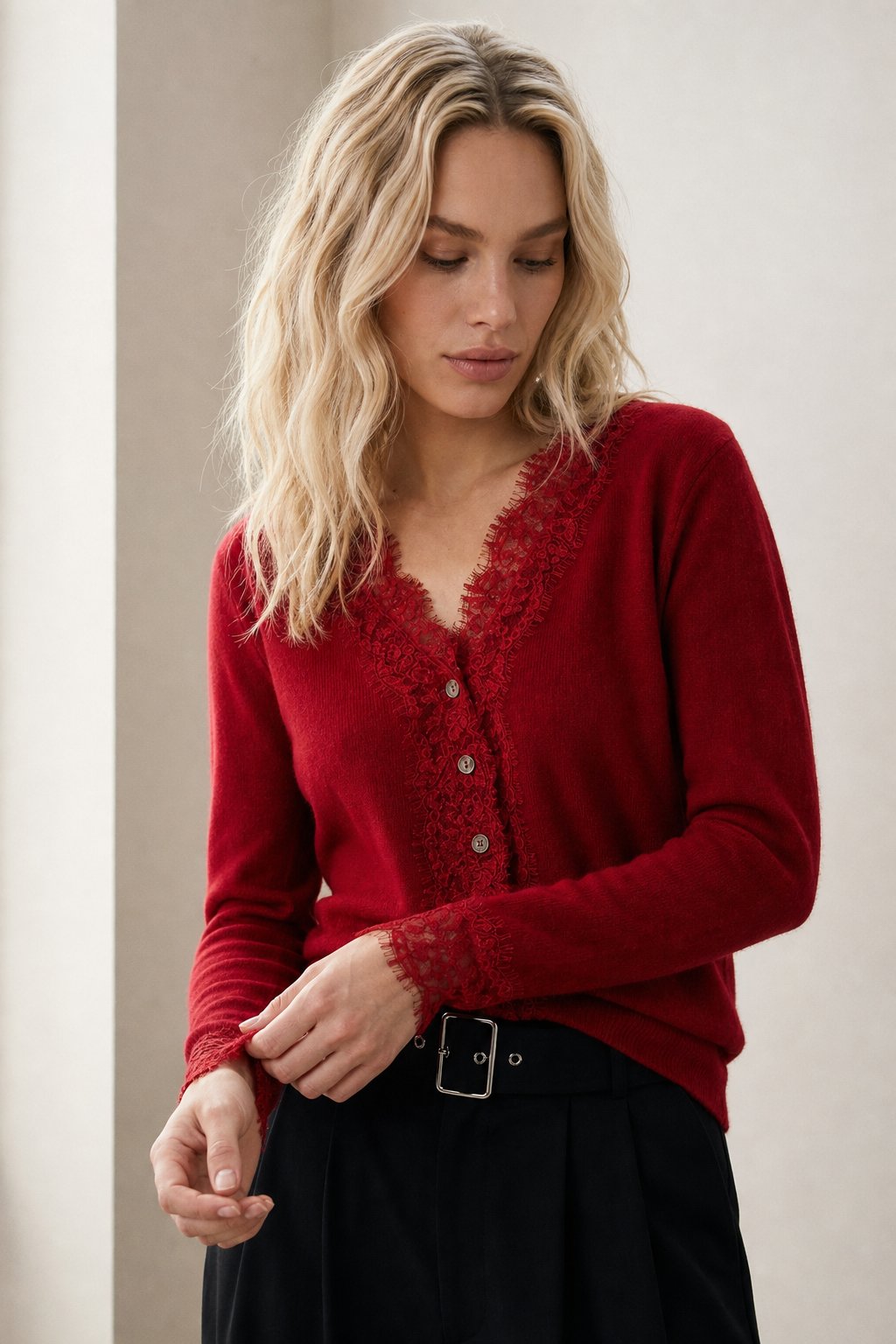 Aurora Lace Cardigan — Red, banana_republic product shot