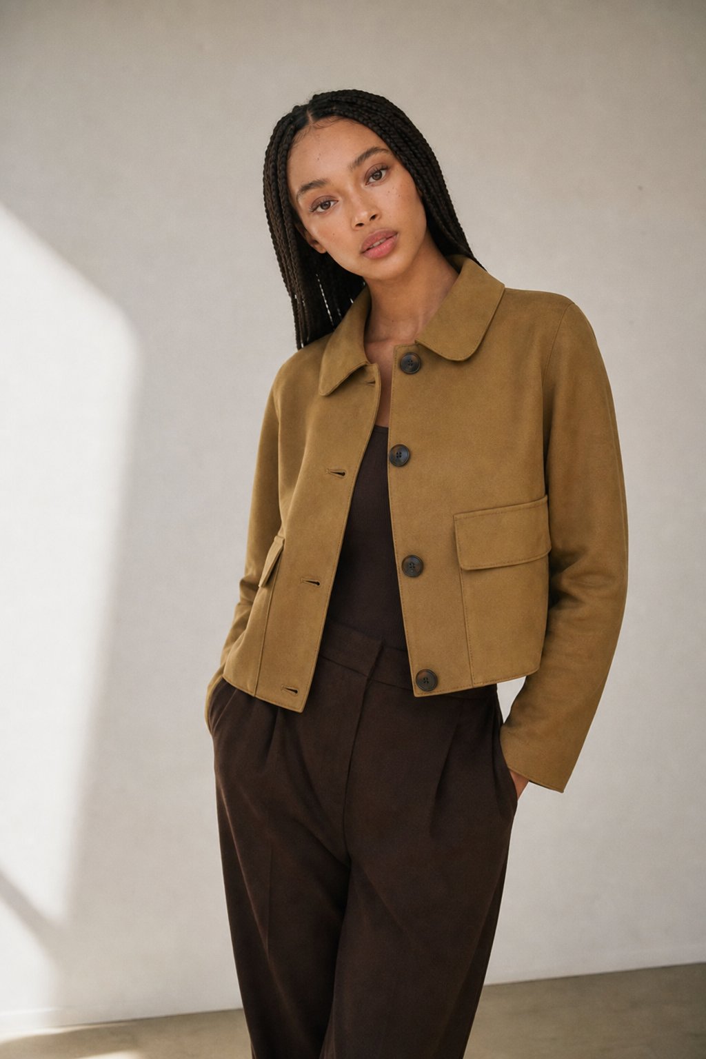 Avery Suede Cropped Jacket — Khaki, banana_republic product shot