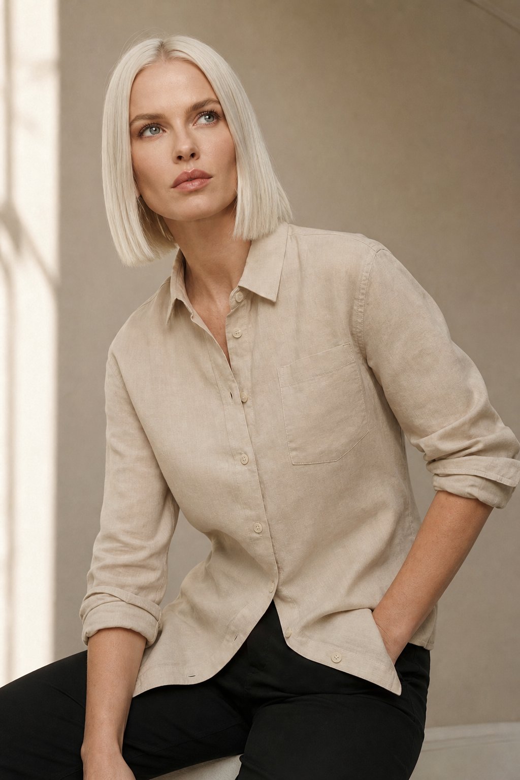 Bellano Linen Blouse — Beige, studio product shot