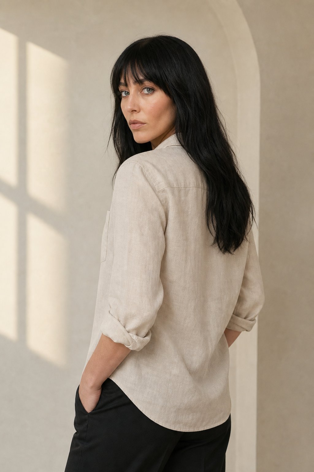Bellano Linen Blouse — Beige, studio product shot