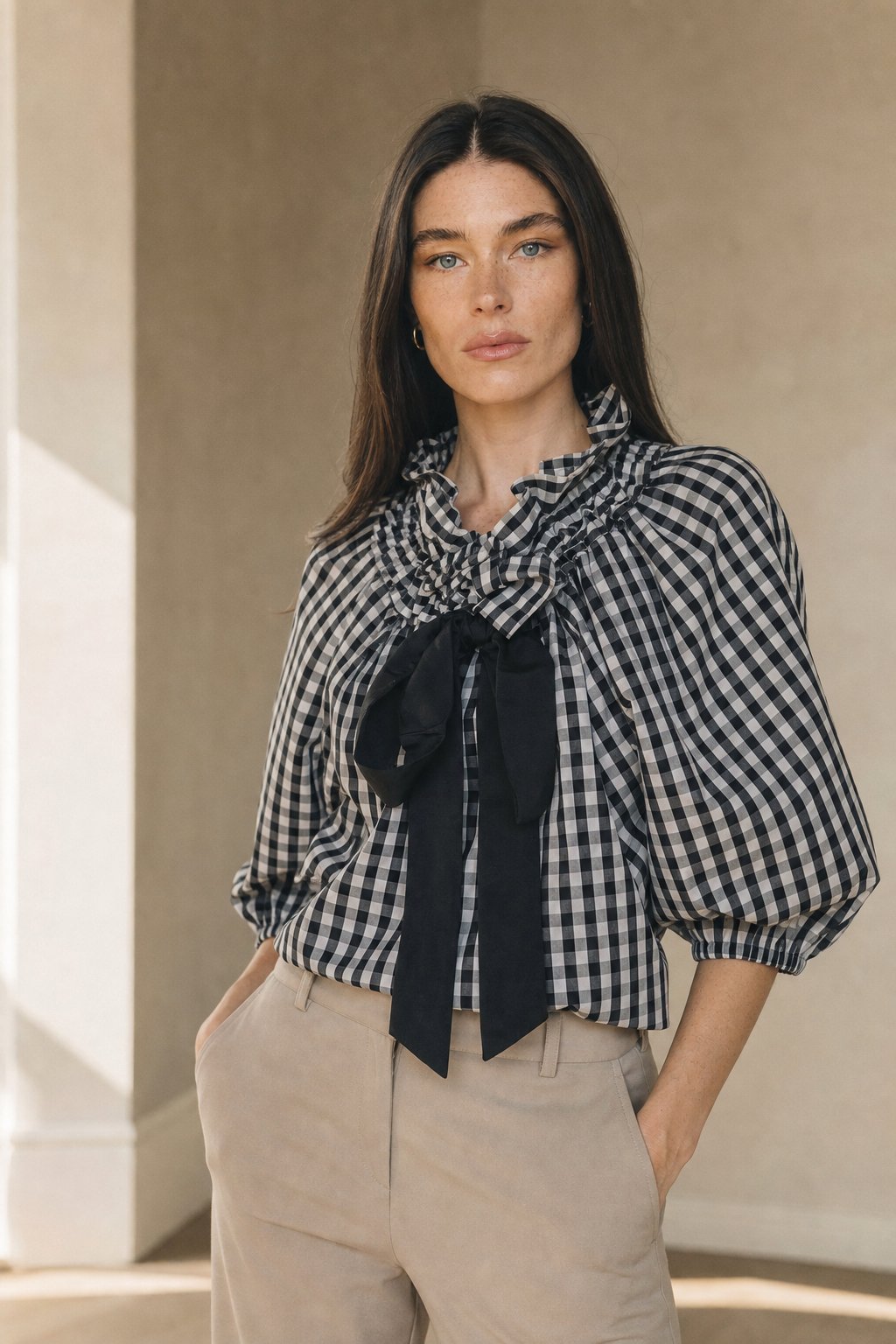 Bellarine Puffed Cotton Blouse — Checkered, banana_republic product shot
