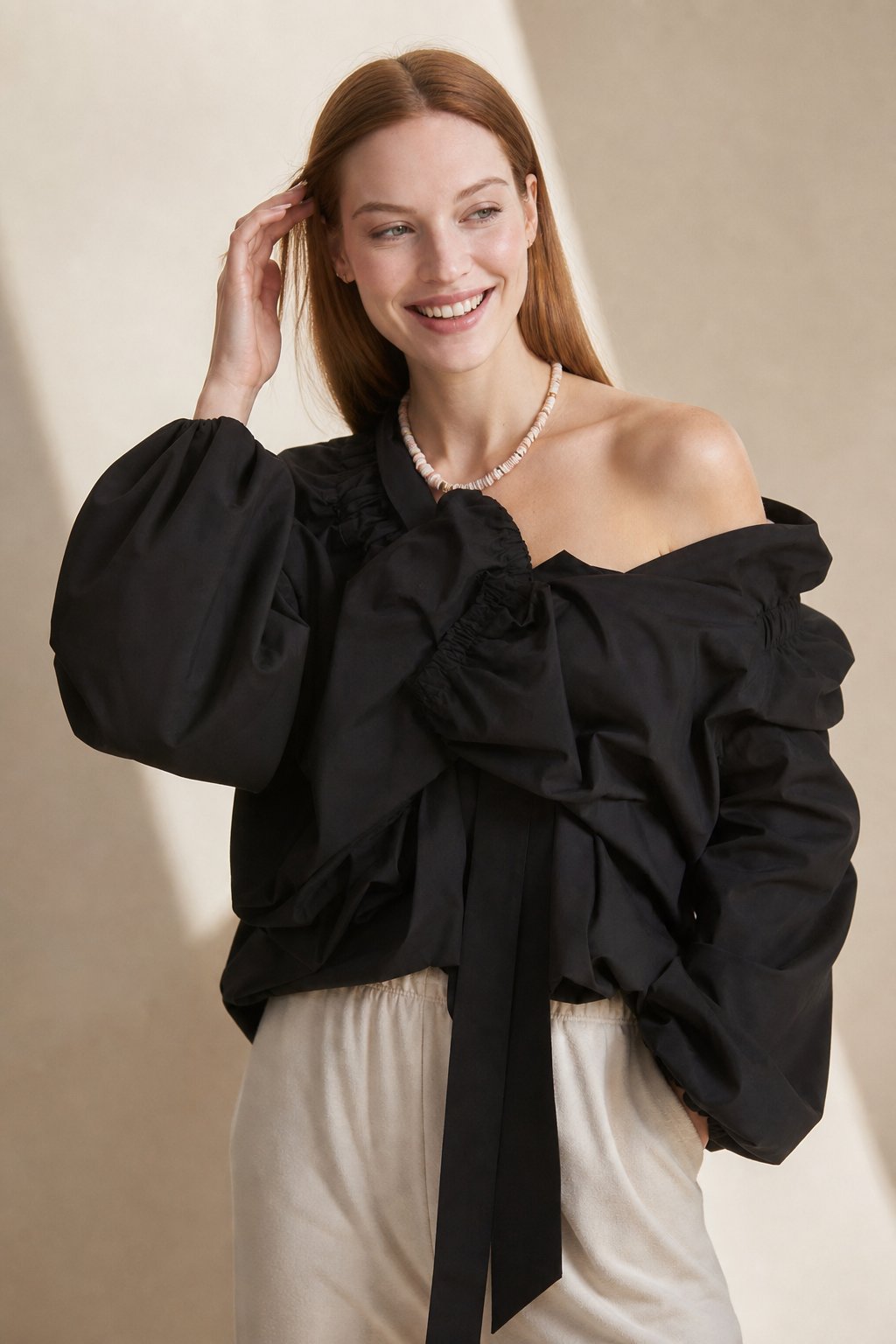 Bellarine Puffed Cotton Blouse — Black, banana_republic product shot