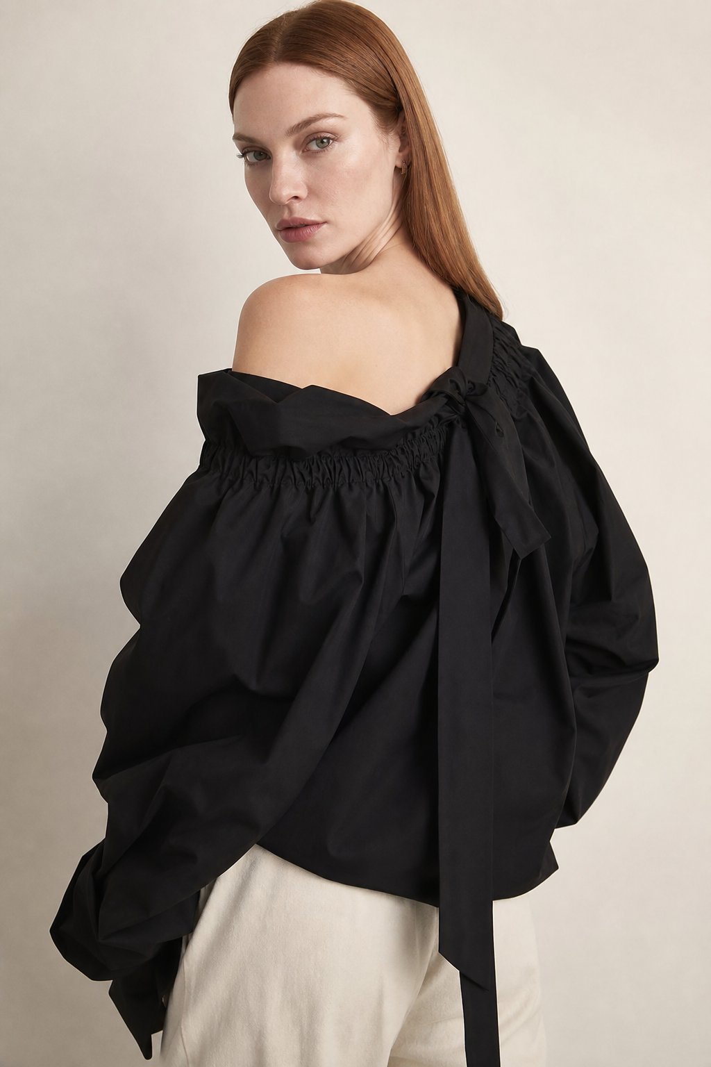 Bellarine Puffed Cotton Blouse — Black, banana_republic product shot