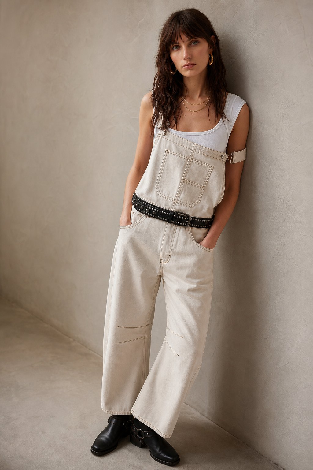 Calvia Wide-Leg Denim Overalls — Beige, banana_republic product shot